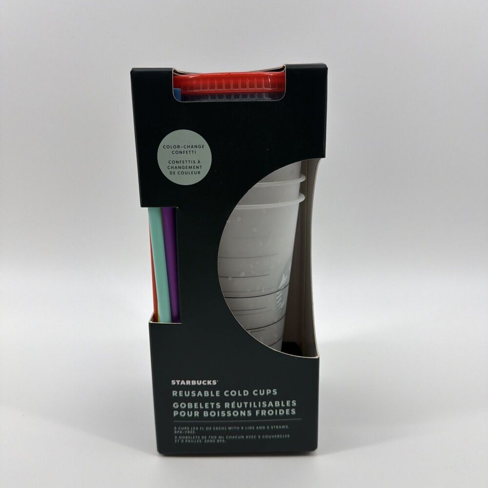 STARBUCKS CONFETTI 2021 COLOR CHANGING COLD CUPS Lids Straws SET OF 5